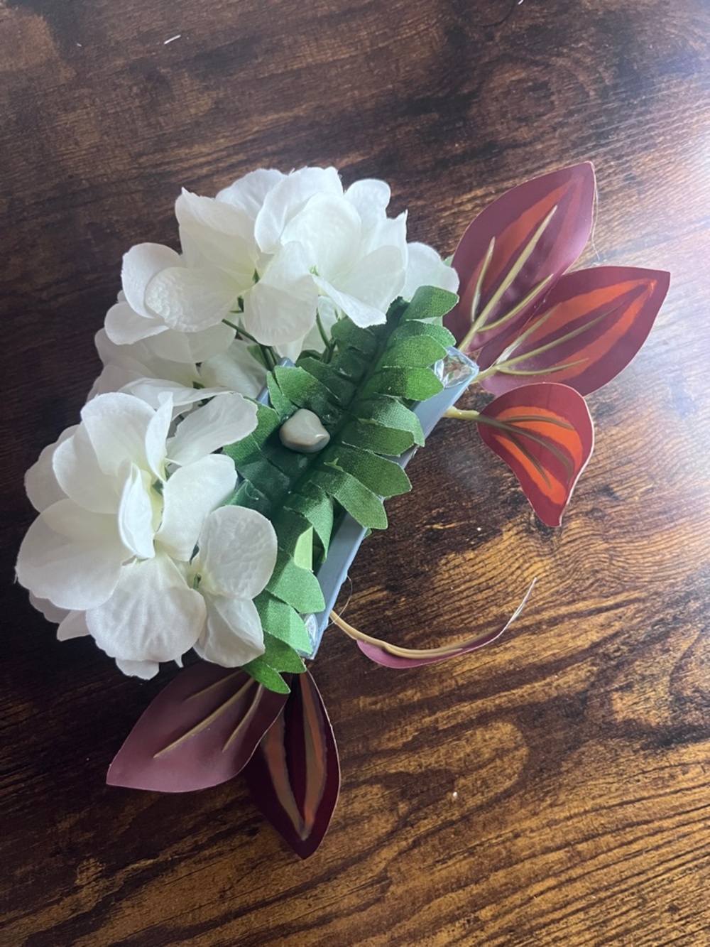 White Faux Hydrangea Handmade Hairclip Arrangement w Green and Burgundy Leaves
